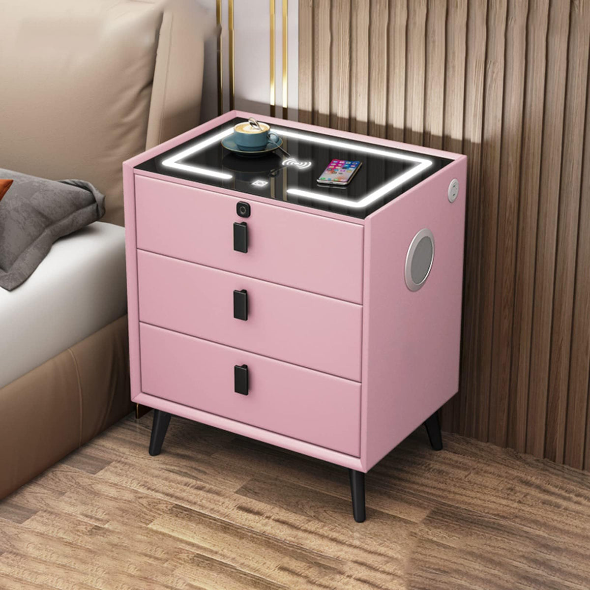 Pink 3 Drawer Smart Bedside Table with USB Charging X36152