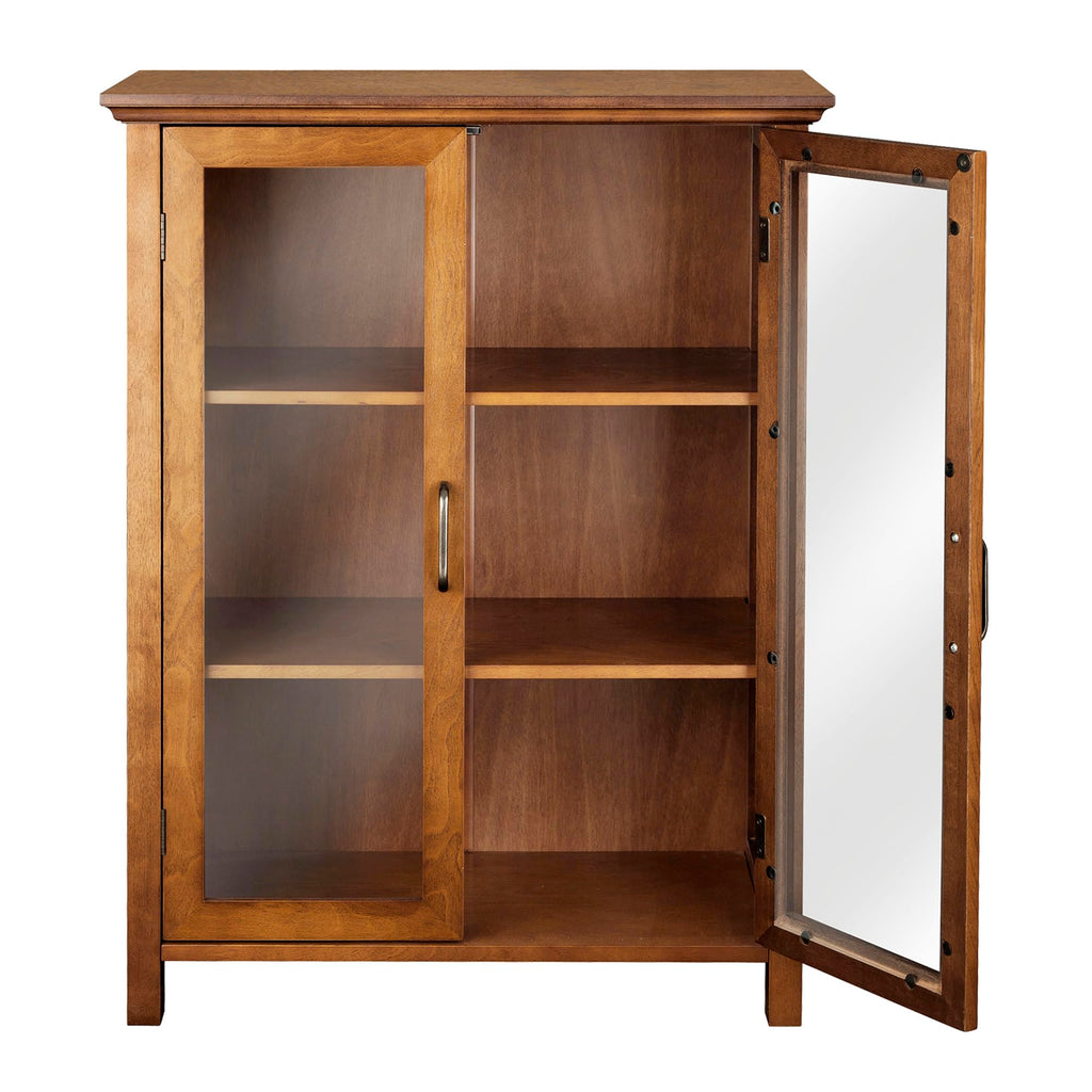 Wooden Freestanding Floor Cabinet with 2 Adjustable Shelves and 2 Glass Paneled Doors W873