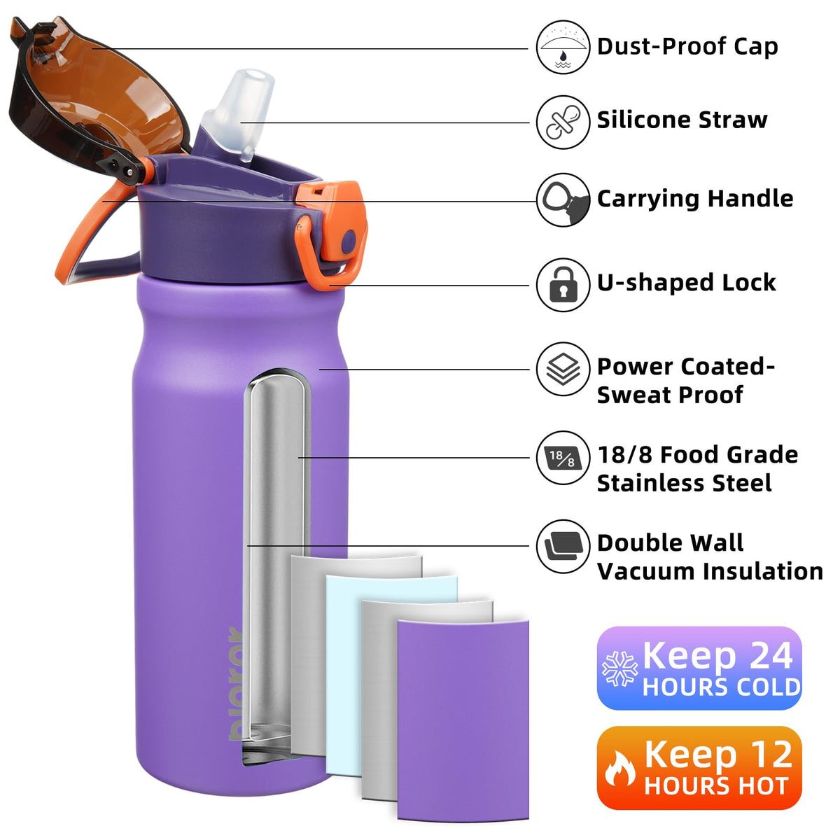 18 oz Insulated Stainless Water Bottle with Straw & Handle E603