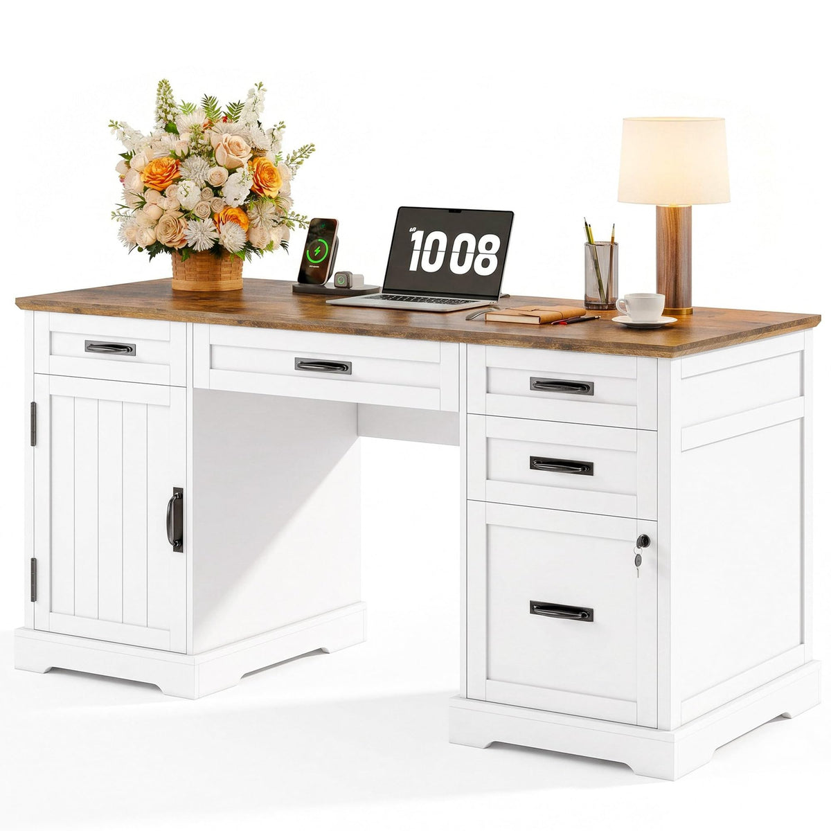 55'' White Farmhouse Desk with Drawers W866663