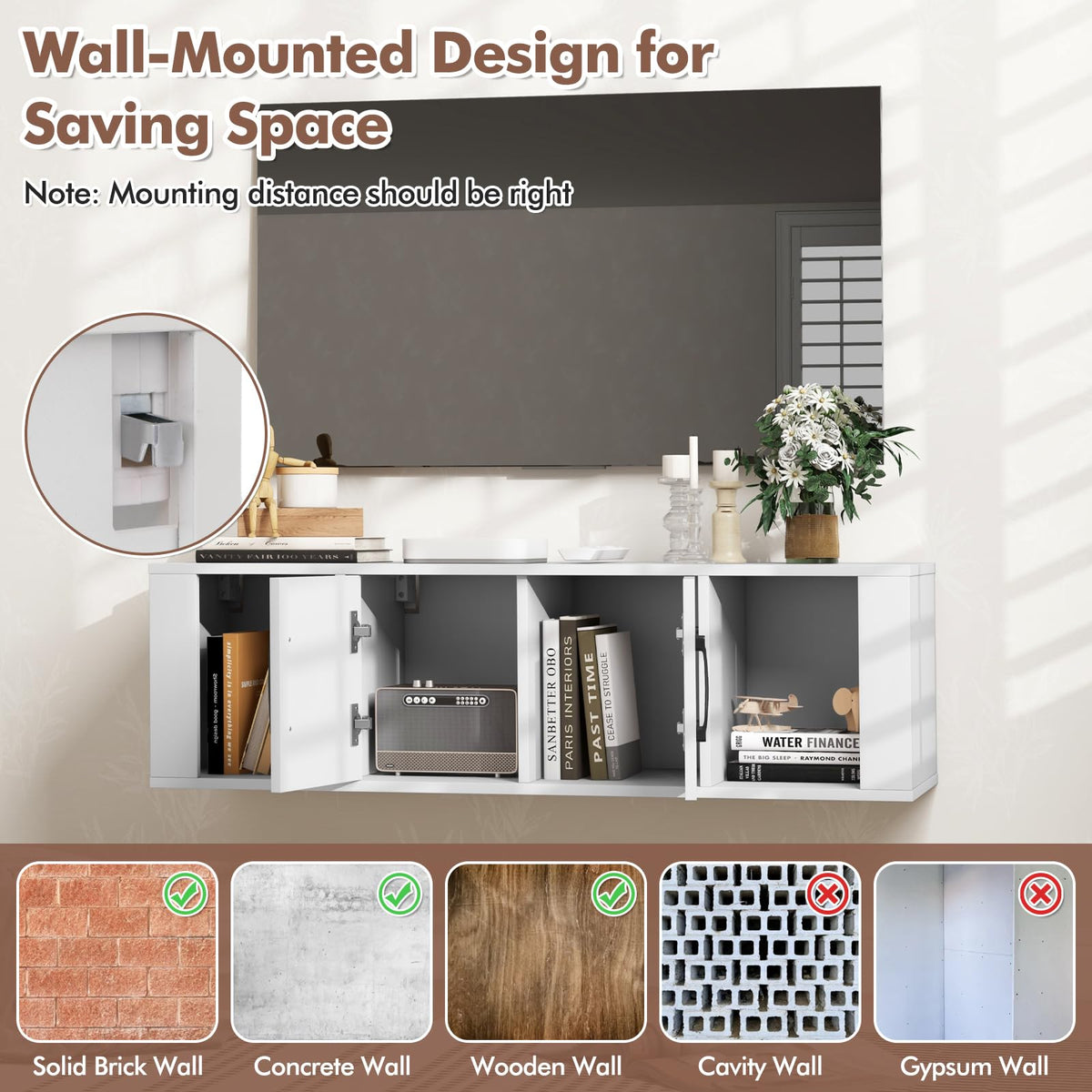 Wall Mounted Storage Cabinet, 2 Cube Floating Desk with Doors, White Z717074