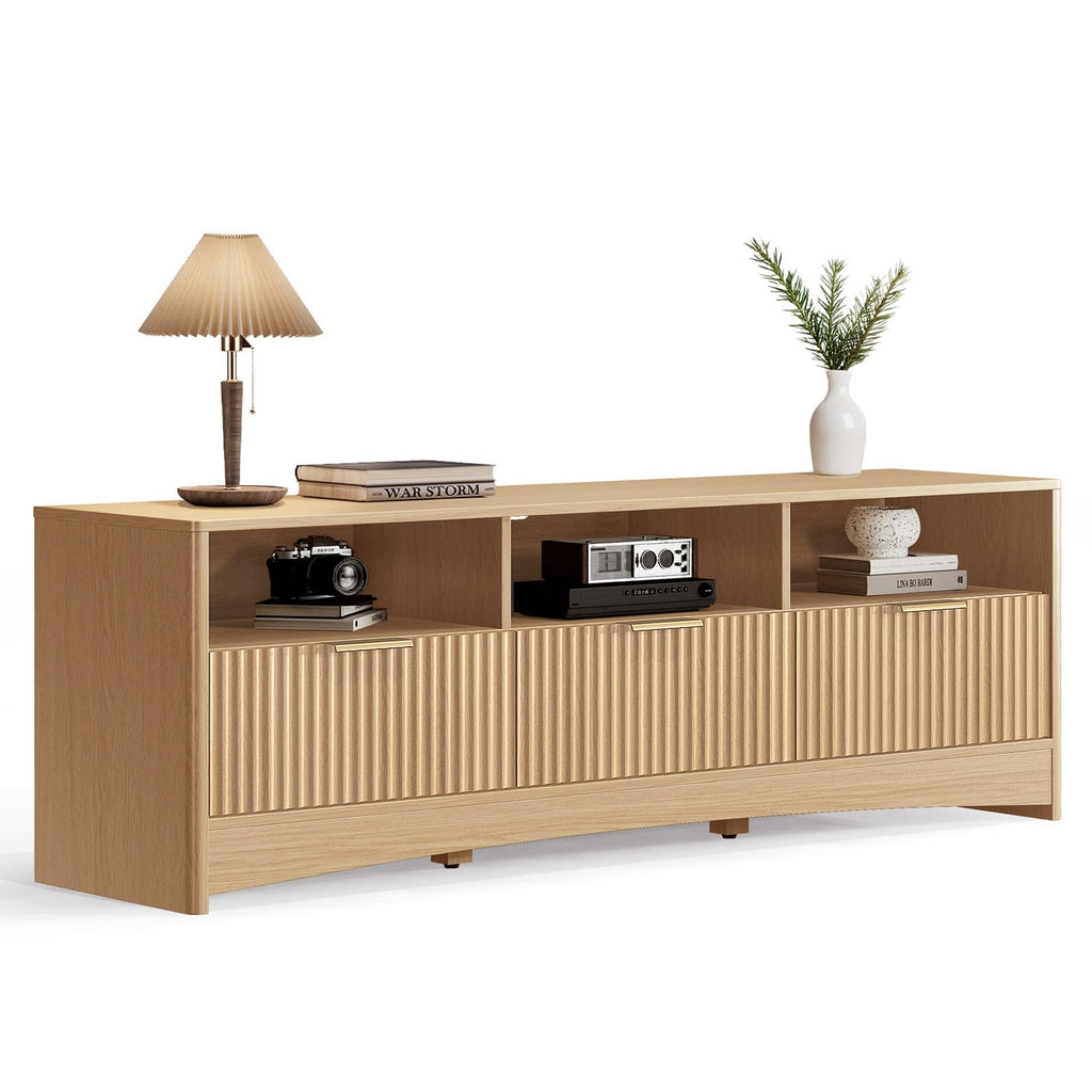 59″ Wide 3 Drawer TV Stand with Open Shelves, Natural Oak D430