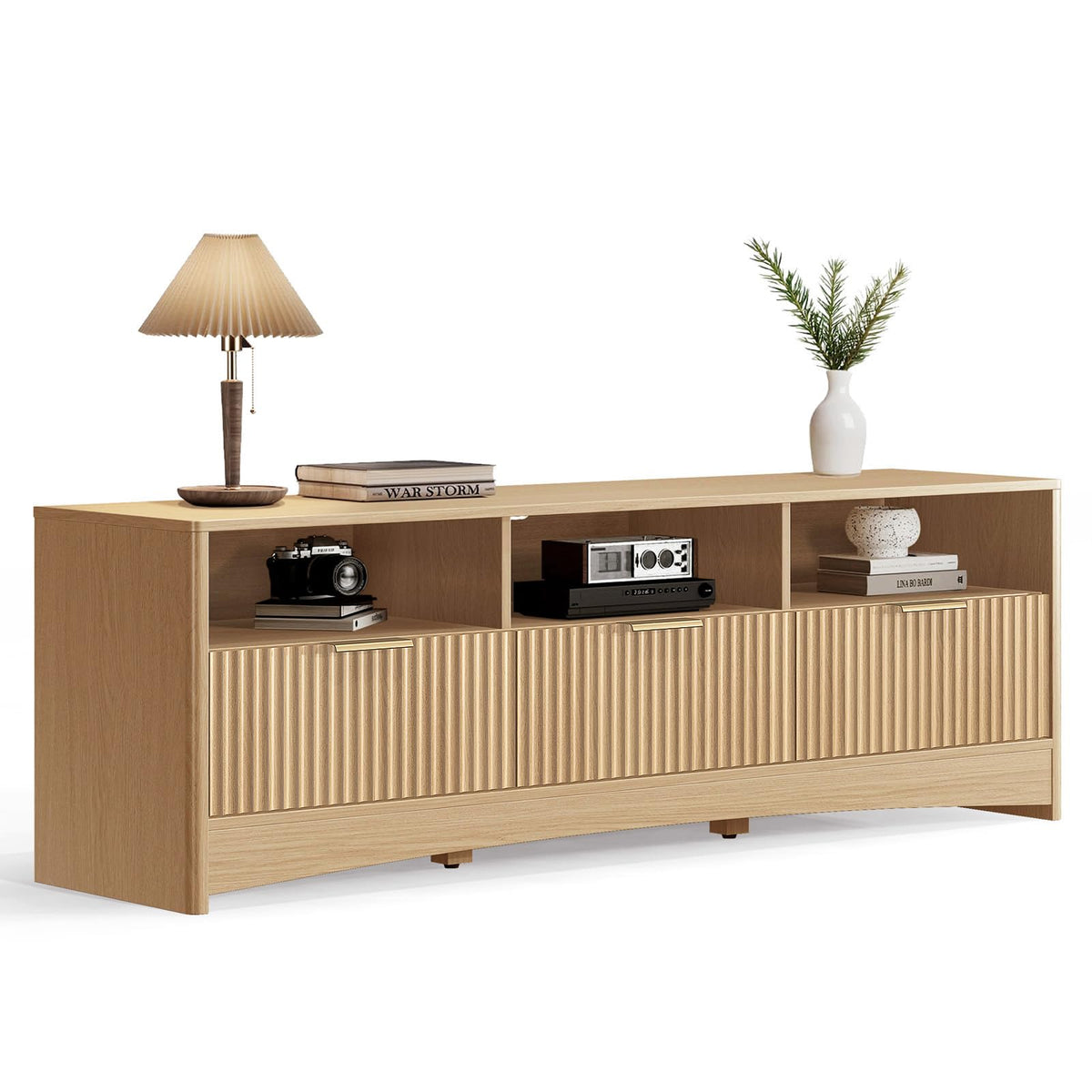 59″ Wide 3 Drawer TV Stand with Open Shelves, Natural Oak D430