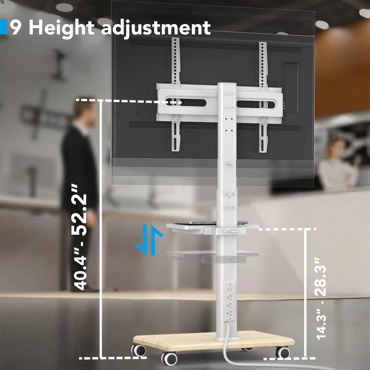 Mobile TV Stand with Power Outlets & Shelf, 27-65 Inch Swivel Height Adjustable White L645