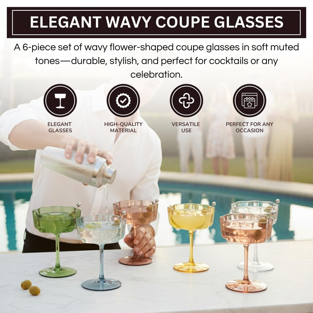 Shatterproof Acrylic Pastel Coupe Glasses 6 Set 8.5oz T953