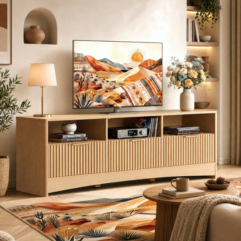 59″ Wide 3 Drawer TV Stand with Open Shelves, Natural Oak D430