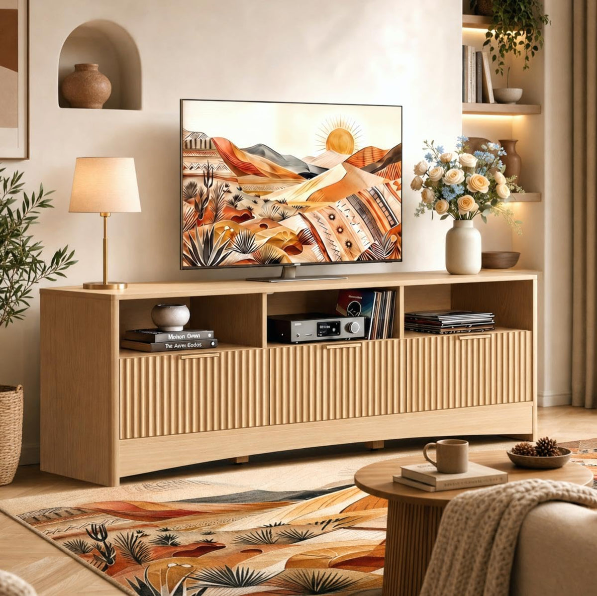 59″ Wide 3 Drawer TV Stand with Open Shelves, Natural Oak D430