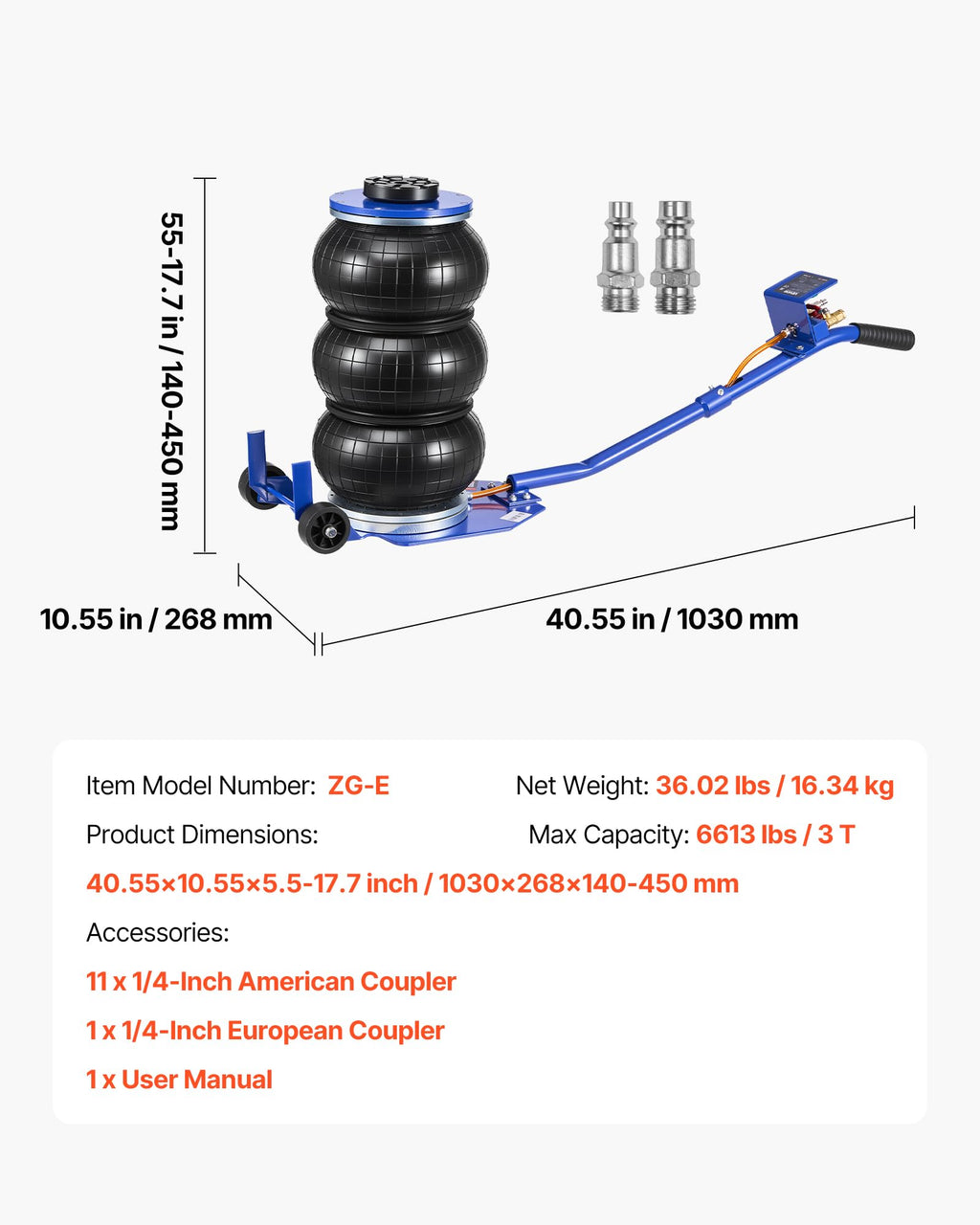 3 Ton Triple Bag Air Jack with Long Handle U7961