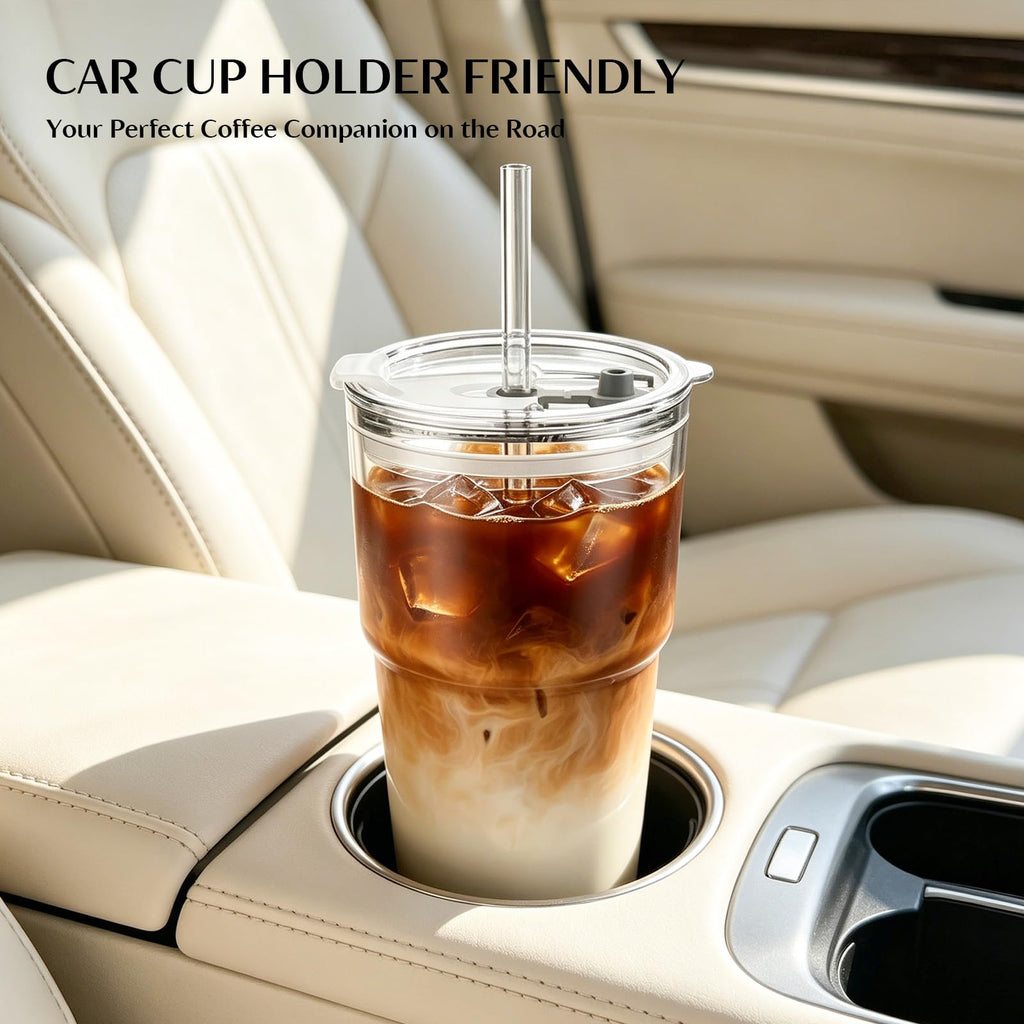 20 oz Iced Coffee Cups with Lids and Straw, Set of 4 Glass Tumbler K26836