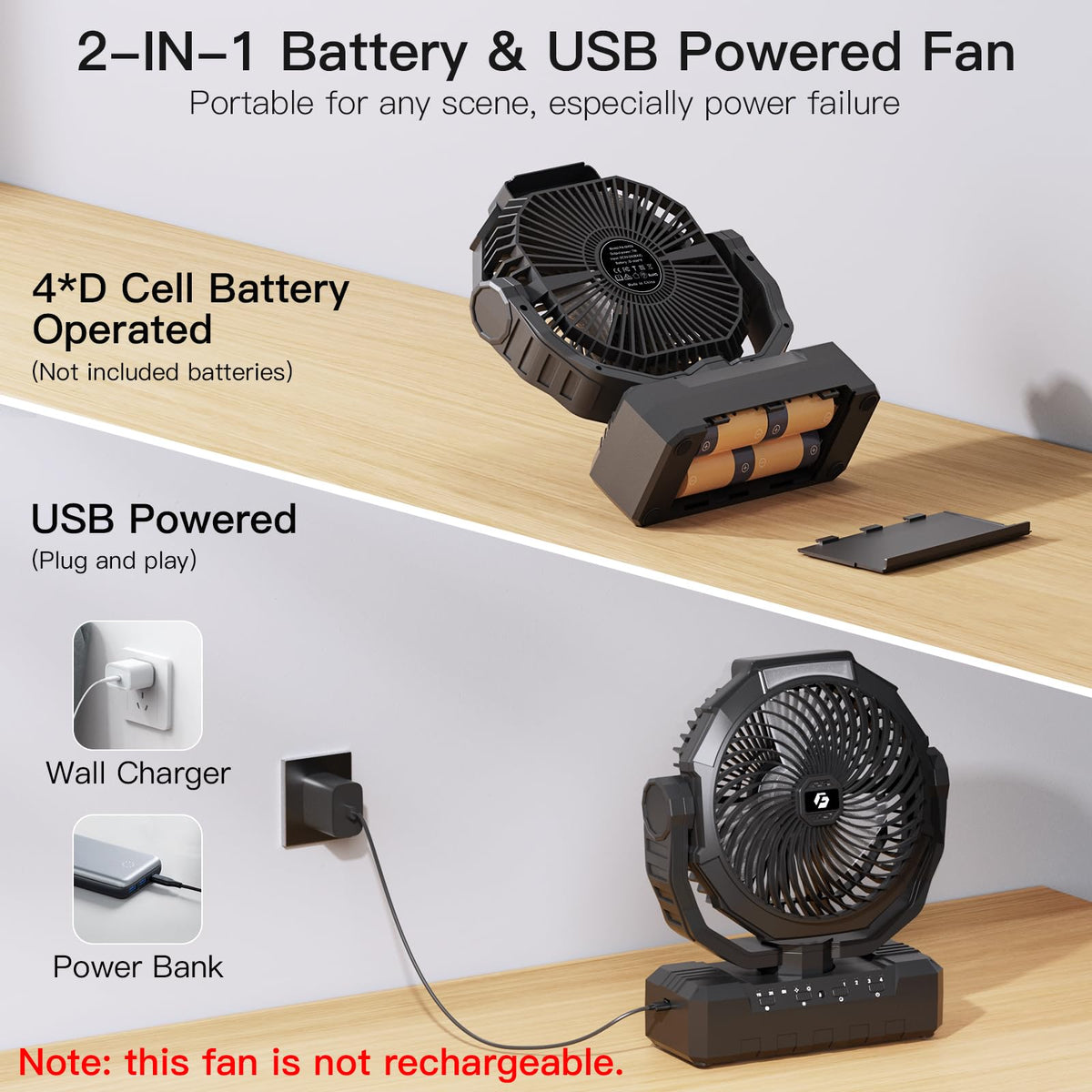 Battery Operated Portable Camping Fan with 4 Speeds, Light, Timer, Remote - Black I66392