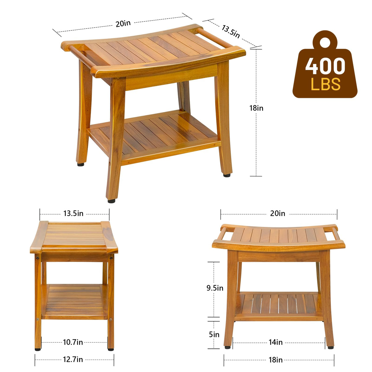 20" Teak Shower Bench with Shelf & Handle X98327
