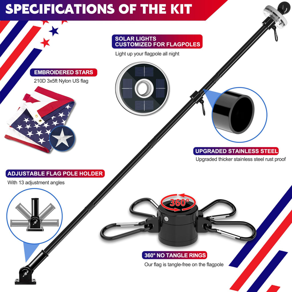 2 Pack 6FT Black Stainless Steel Flag Pole Kit with Solar Light T5828