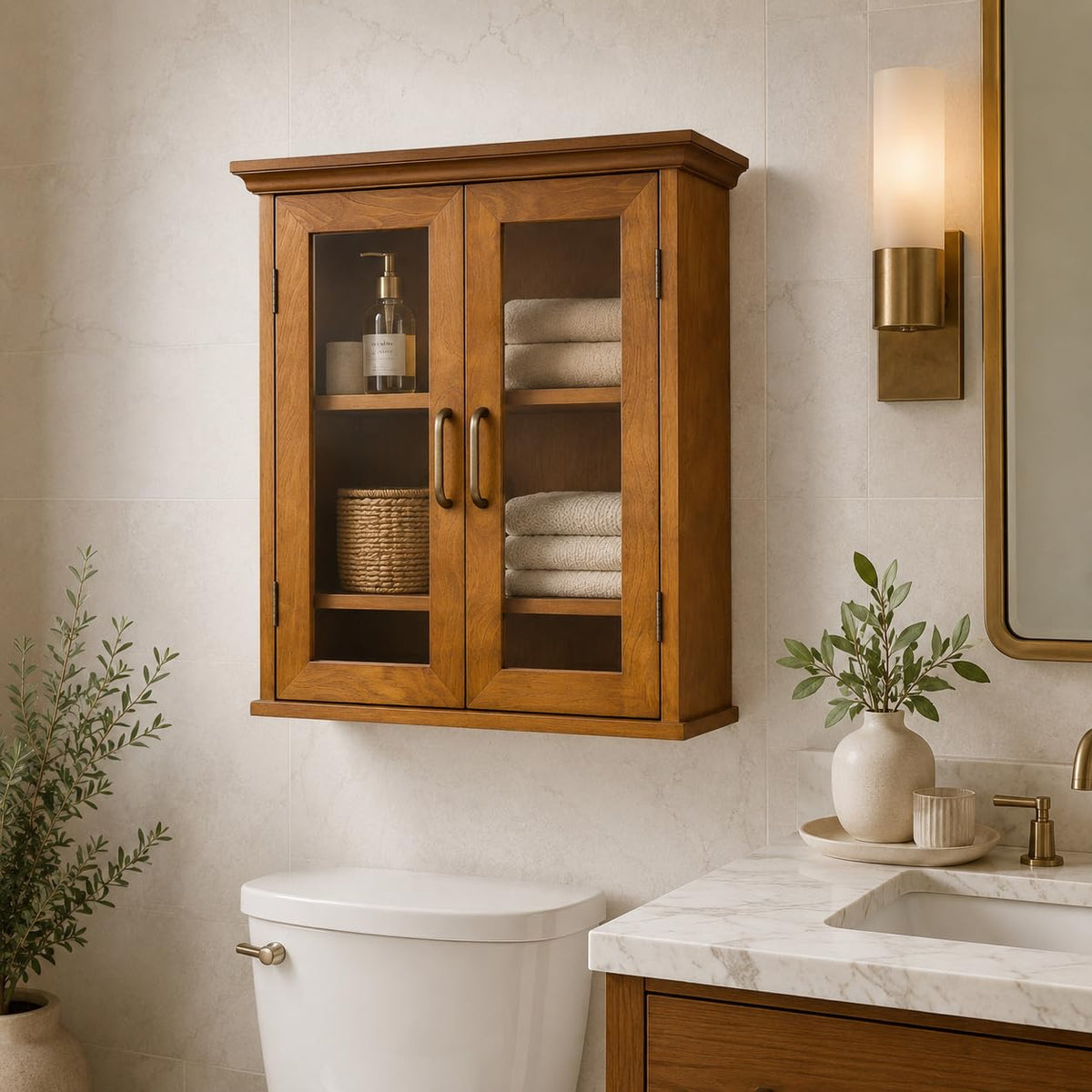Wooden Over The Toilet Bathroom Medicine Cabinet with 2 Adjustable Shelves R1934