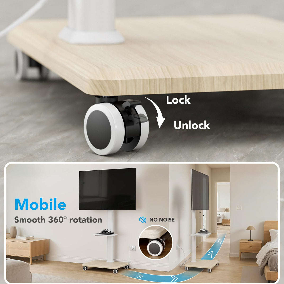 Mobile TV Stand with Power Outlets & Shelf, 27-65 Inch Swivel Height Adjustable White L645