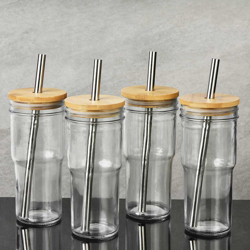 4-Pack 24 OZ Glass Cups with Bamboo Lids and Straws J718047