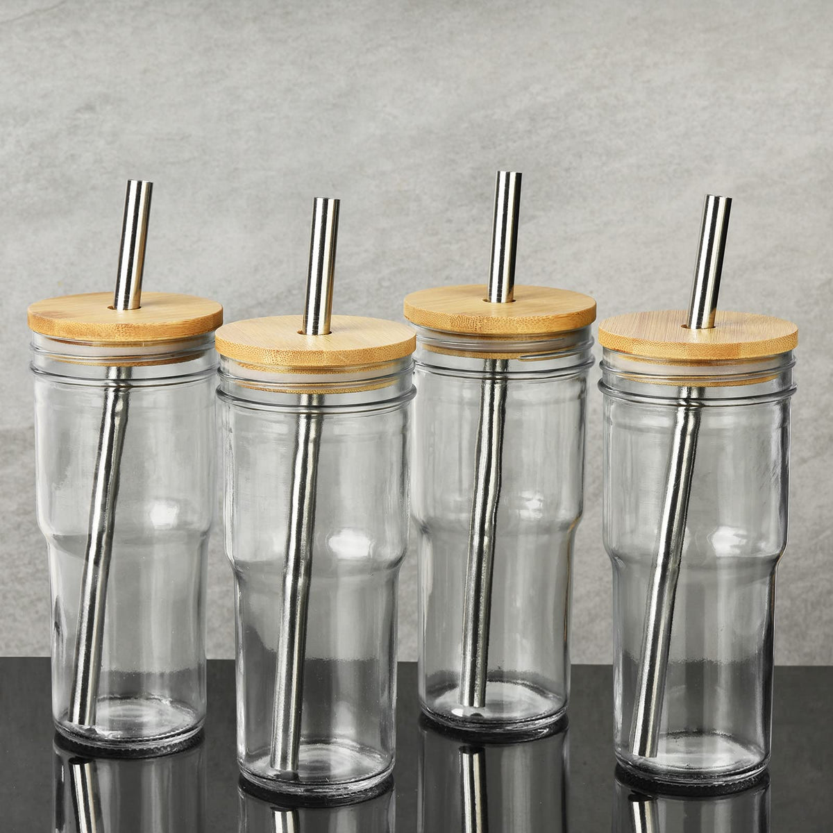 4-Pack 24 OZ Glass Cups with Bamboo Lids and Straws J718047