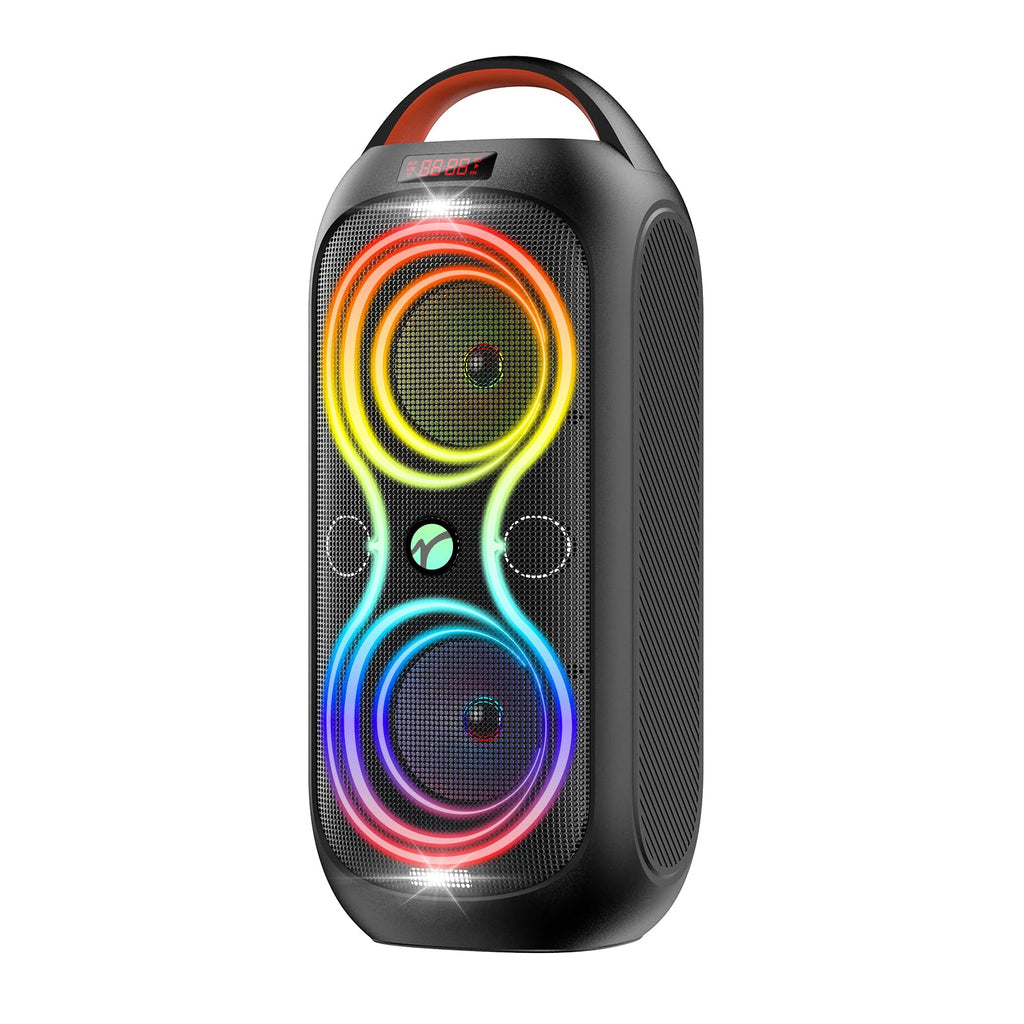 Party Bluetooth Speaker with Dual 4" Woofers, 60W Peak Power, 12H Playtime, Dynamic LED Lights, TWS, FM, AUX, USB, Mic Input, Portable Rechargeable Speaker for Indoor & Outdoor Events -Updated Version C98382