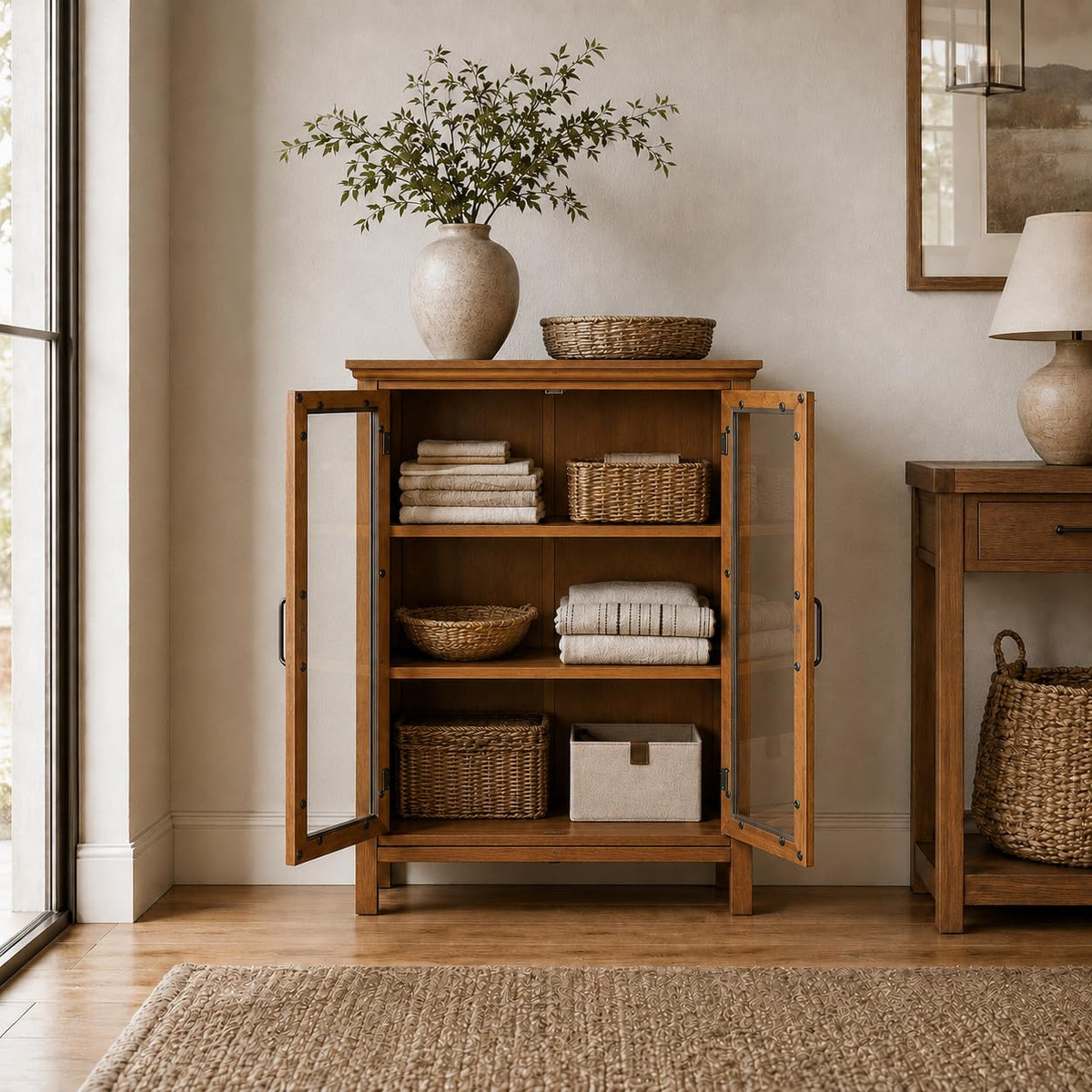 Wooden Freestanding Floor Cabinet with 2 Adjustable Shelves and 2 Glass Paneled Doors W873
