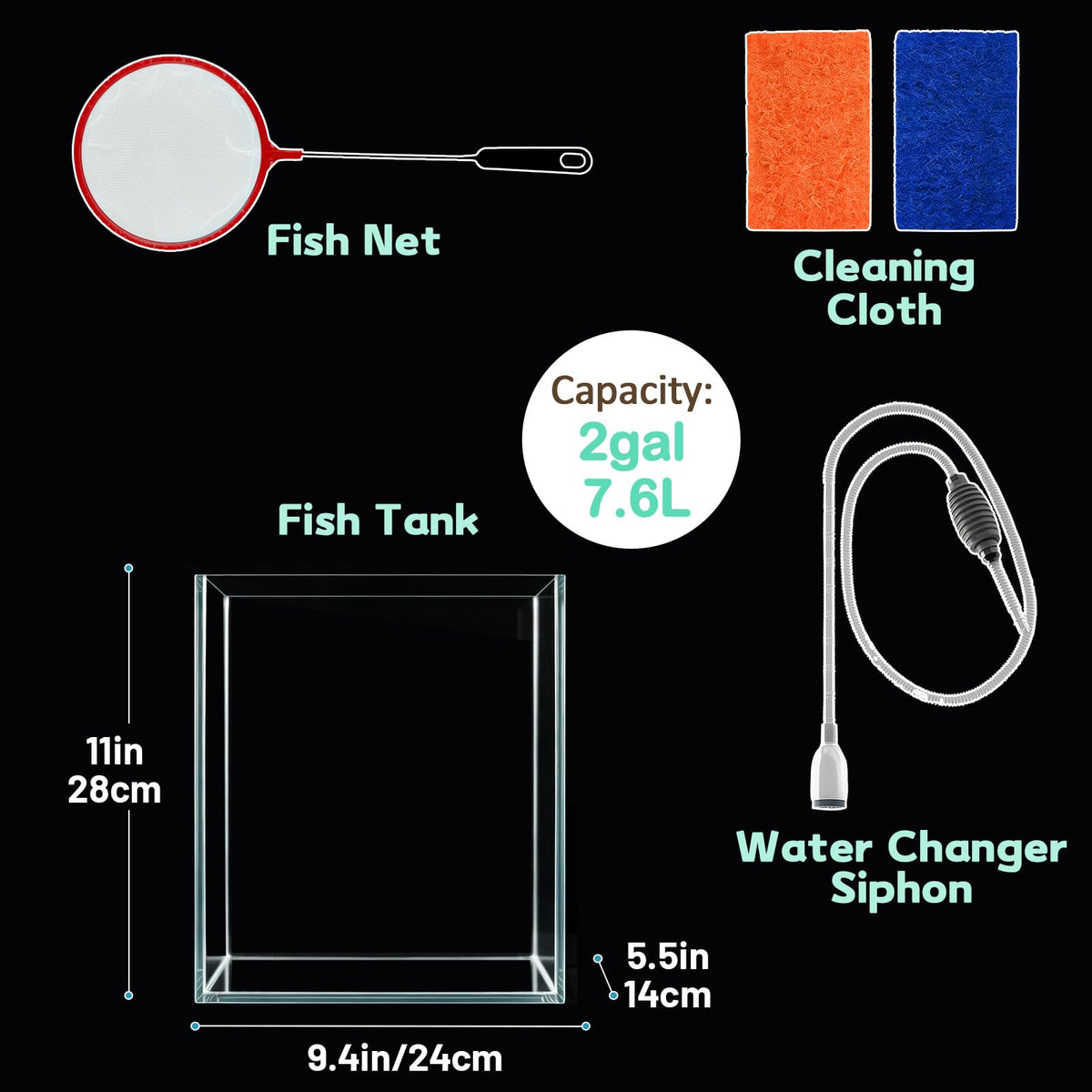 2 Gallon Glass Fish Tank Starter Kit with Fish Net H936