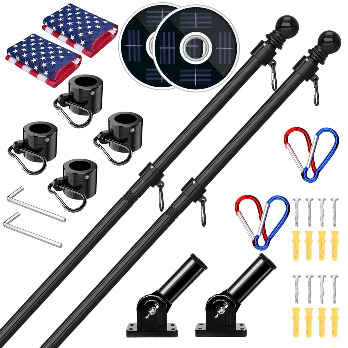 2 Pack 6FT Black Stainless Steel Flag Pole Kit with Solar Light T5828