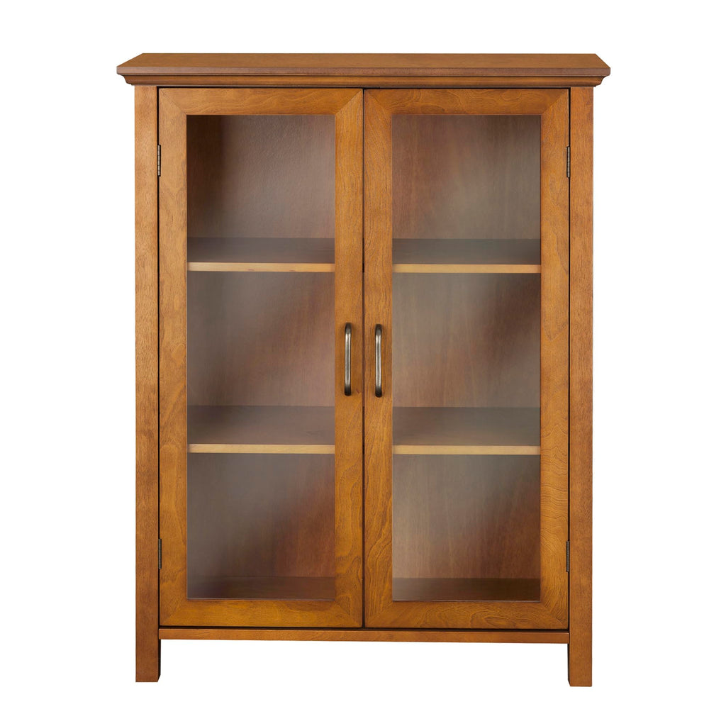 Wooden Freestanding Floor Cabinet with 2 Adjustable Shelves and 2 Glass Paneled Doors W873