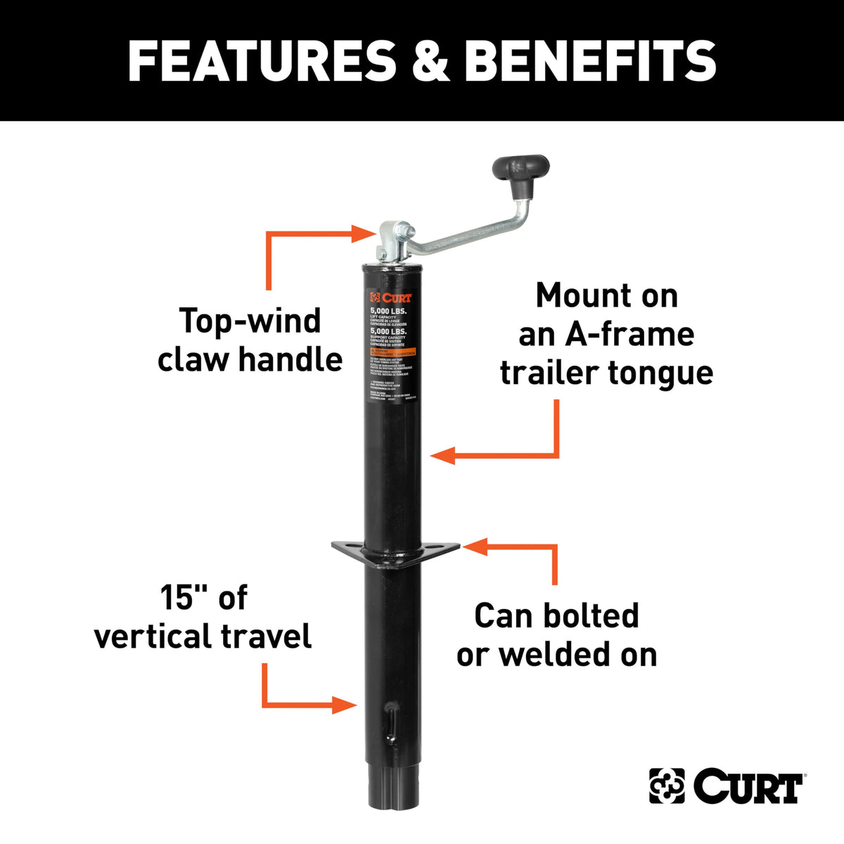 A-Frame Trailer Tongue Jack 5,000 lbs 15 Inches Vertical Travel J231