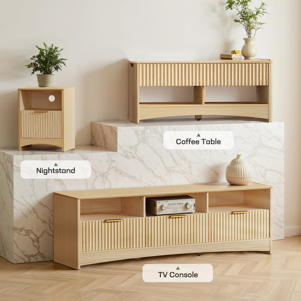 59″ Wide 3 Drawer TV Stand with Open Shelves, Natural Oak D430
