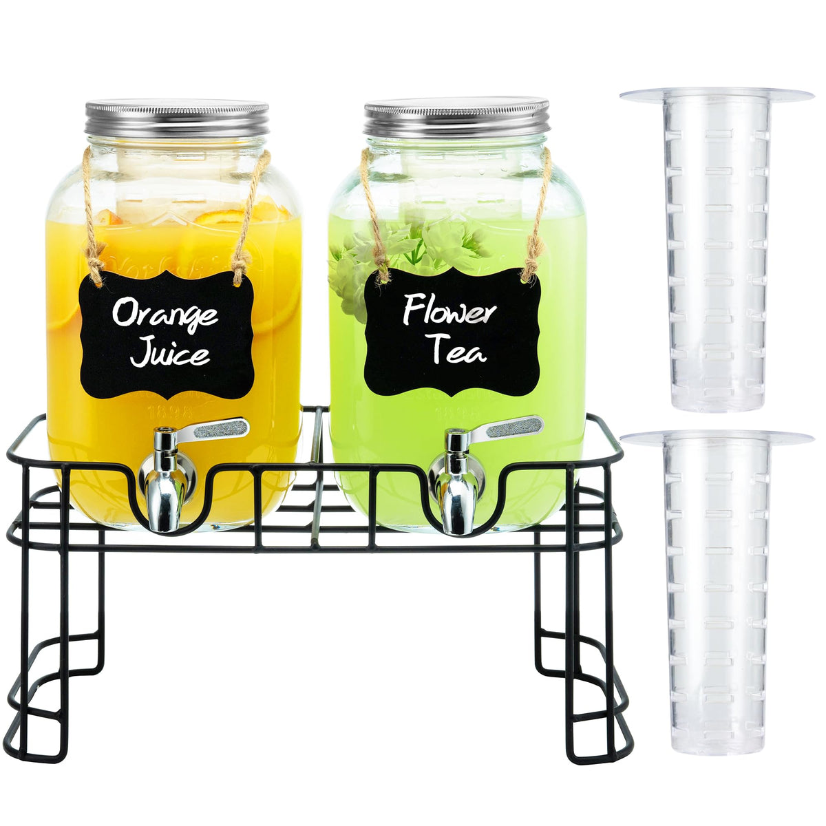 1 Gallon Glass Beverage Dispenser with Stand, Ice Cylinder and Stainless Steel Spigot, 2 Pack W661675