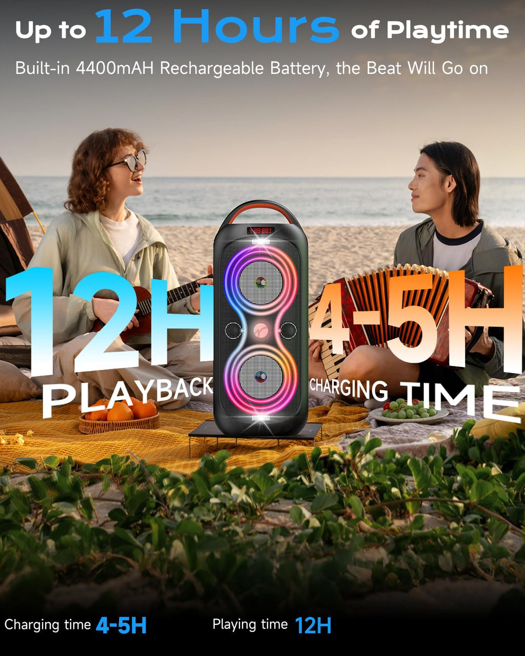 Party Bluetooth Speaker with Dual 4" Woofers, 60W Peak Power, 12H Playtime, Dynamic LED Lights, TWS, FM, AUX, USB, Mic Input, Portable Rechargeable Speaker for Indoor & Outdoor Events -Updated Version C98382