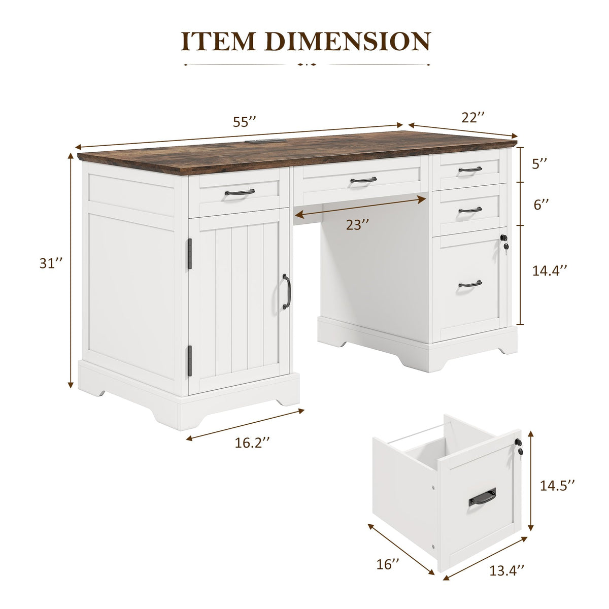 55'' White Farmhouse Desk with Drawers W866663