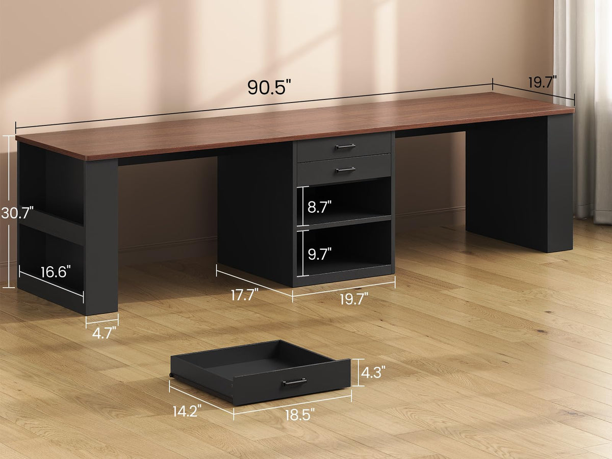 90.5" 2 Person Computer Desk with Storage Drawers Black U54369