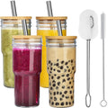 4-Pack 24 OZ Glass Cups with Bamboo Lids and Straws J718047