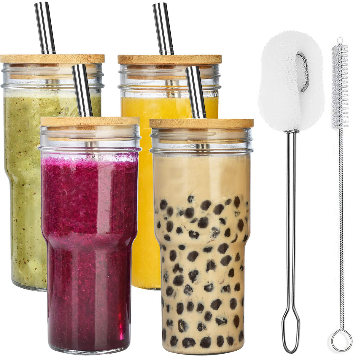 4-Pack 24 OZ Glass Cups with Bamboo Lids and Straws J718047