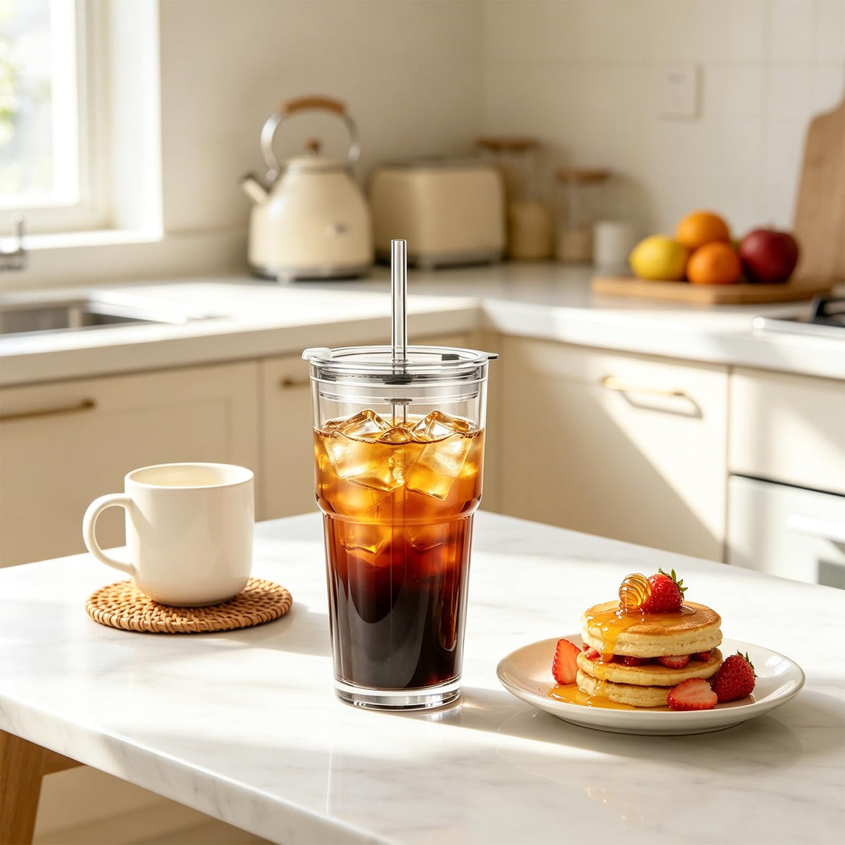 20 oz Iced Coffee Cups with Lids and Straw, Set of 4 Glass Tumbler K26836