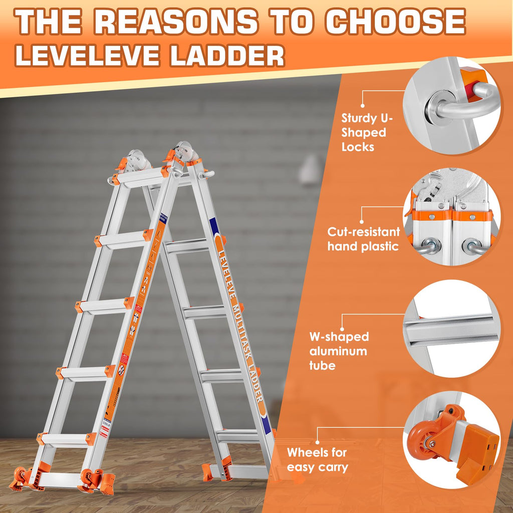 Telescoping A Frame Ladder, 17FT Multi Position Ladder with Stabilizer Bar & Wheels Z32019