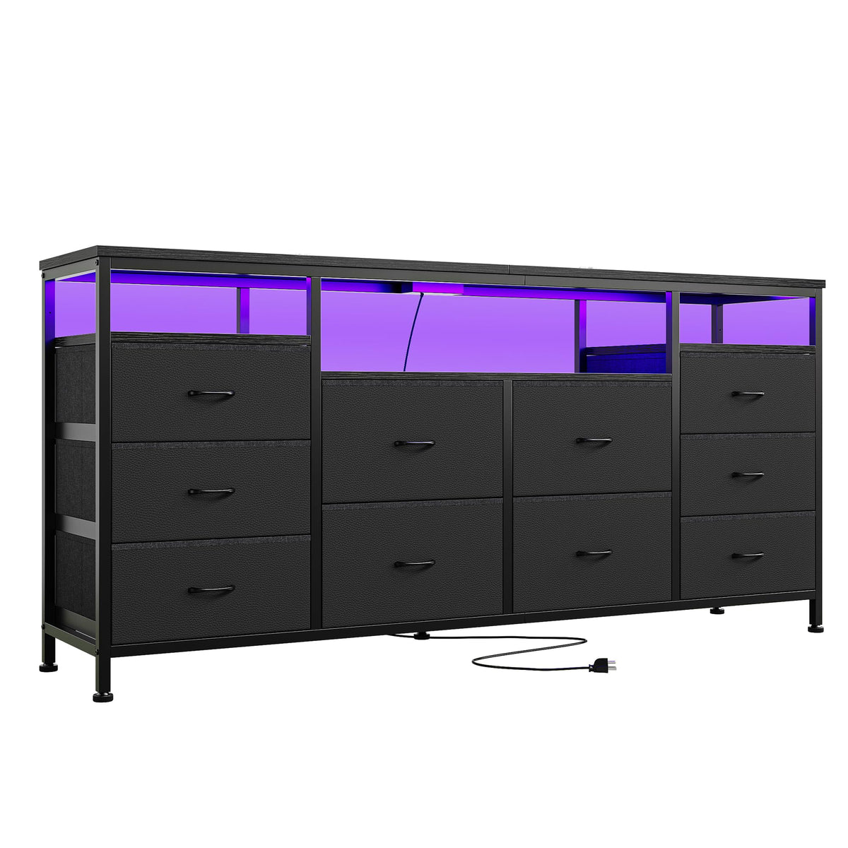 Black 10 Drawer Fabric Dresser with LED Lights & Charging Ports U5041