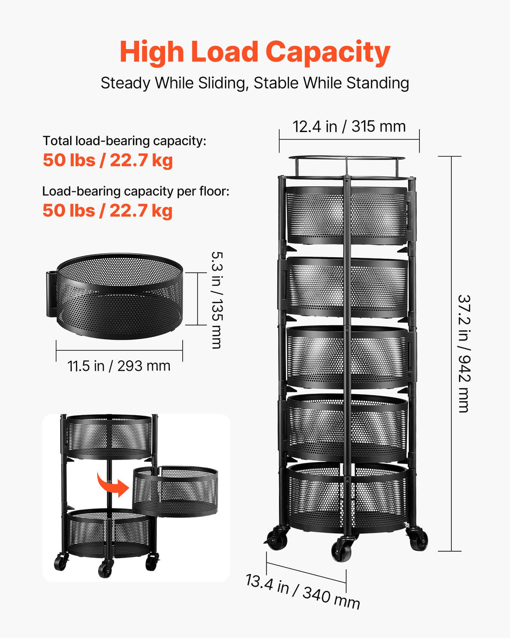 5 Tier Rotating Storage Rack Cart on Wheels, Black V258