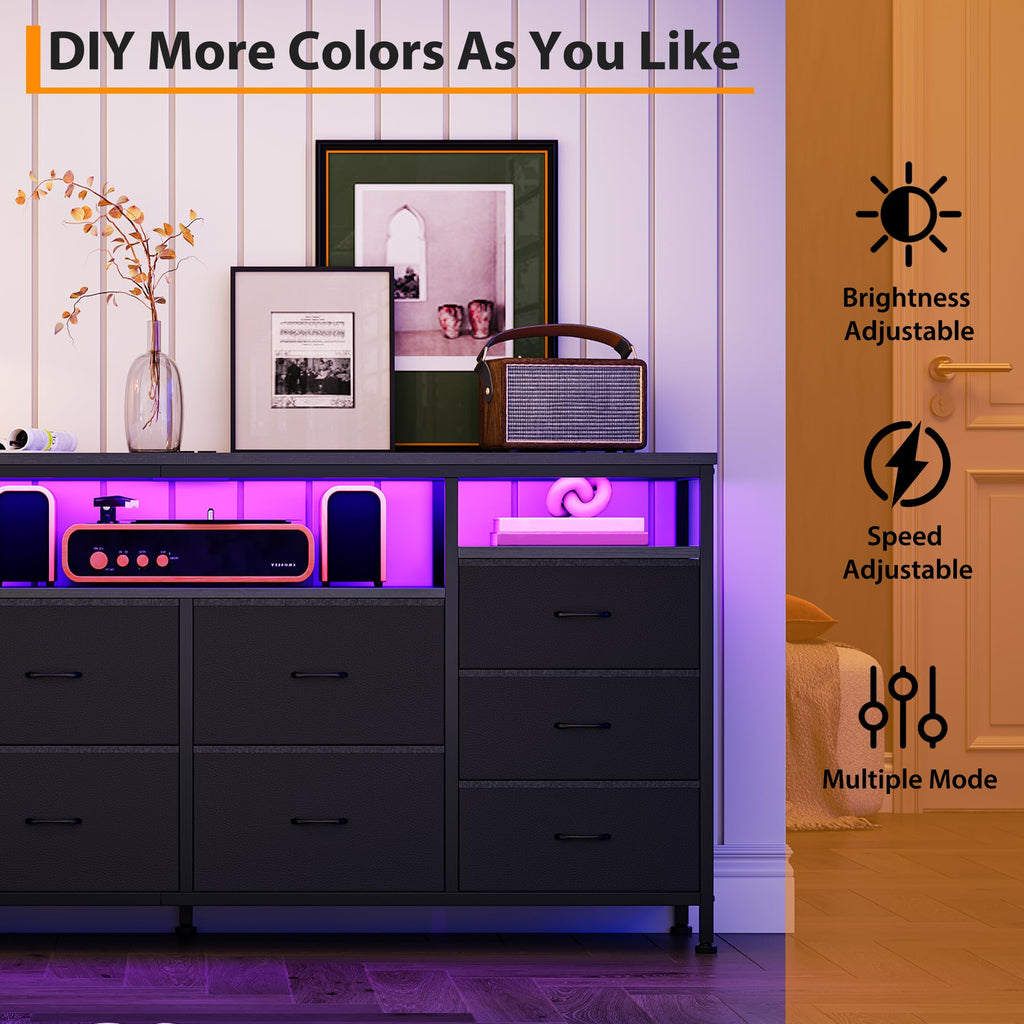 Black 10 Drawer Fabric Dresser with LED Lights & Charging Ports U5041