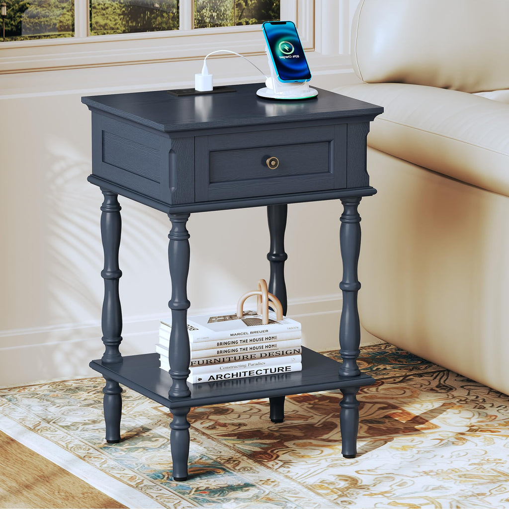 Blue Nightstands Set of 2 with Charging Station & Storage Shelf Q19259