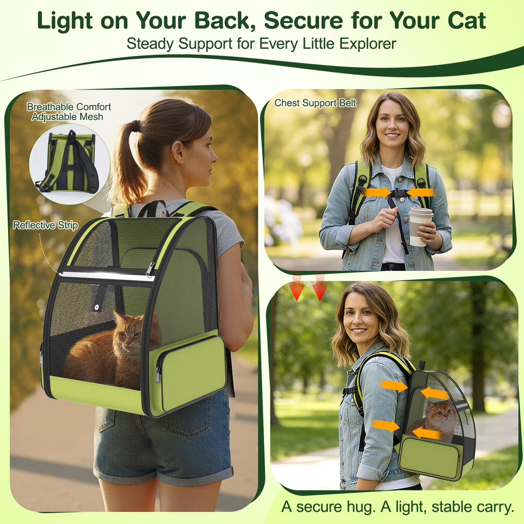 Green Expandable Breathable Mesh Cat Backpack Carrier C360