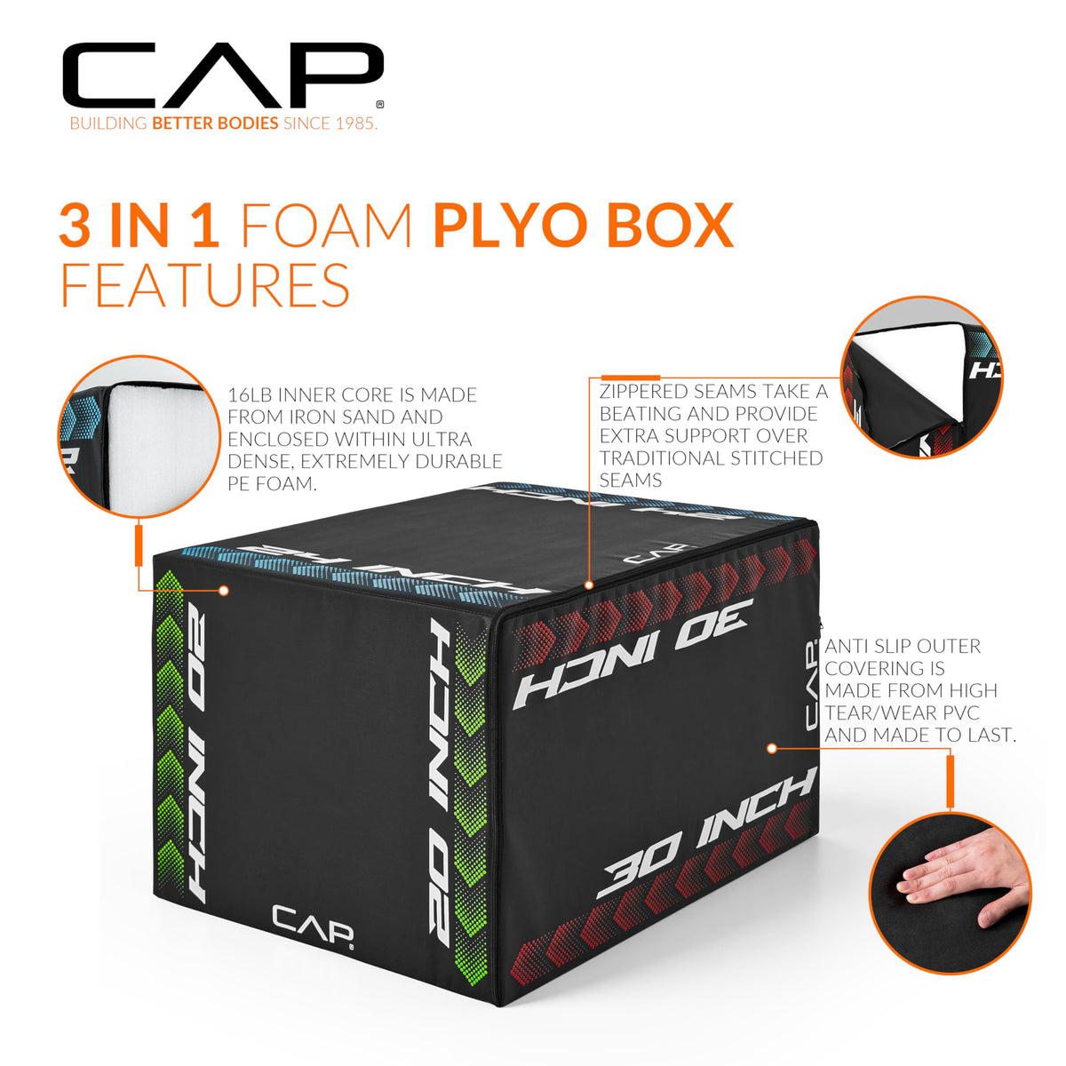 3-in-1 Foam Plyometric Jump Box, 20/24/28-Inch Heights, Black M885877