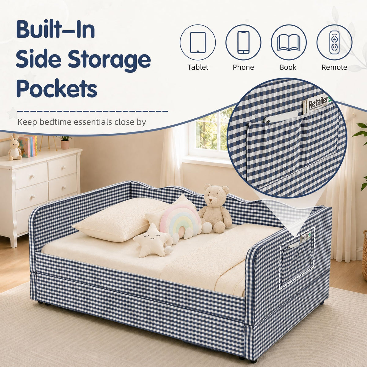 Blue Gingham Twin Daybed with Pop Up Trundle K607