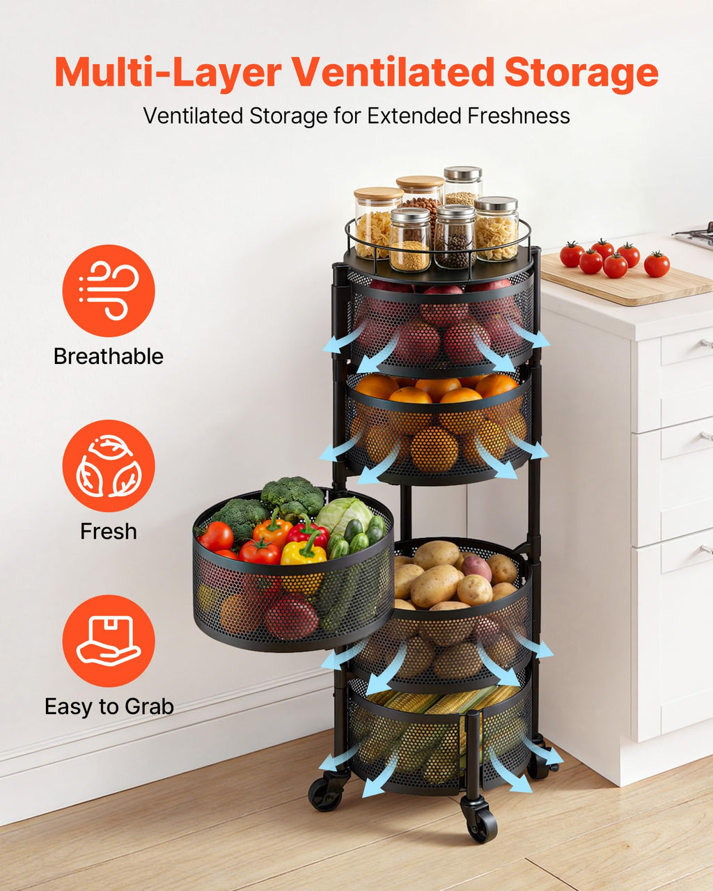 5 Tier Rotating Storage Rack Cart on Wheels, Black V258