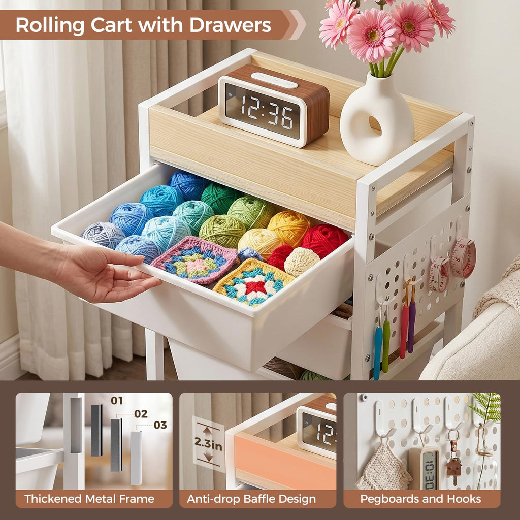 5 Tier Rolling Cart with Drawers, White Y3457