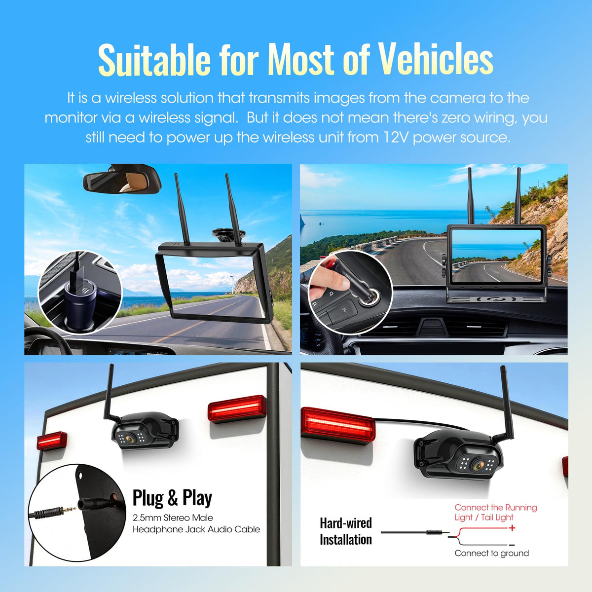 7" Wireless Backup Camera System with DVR Split Screen Monitor Y346