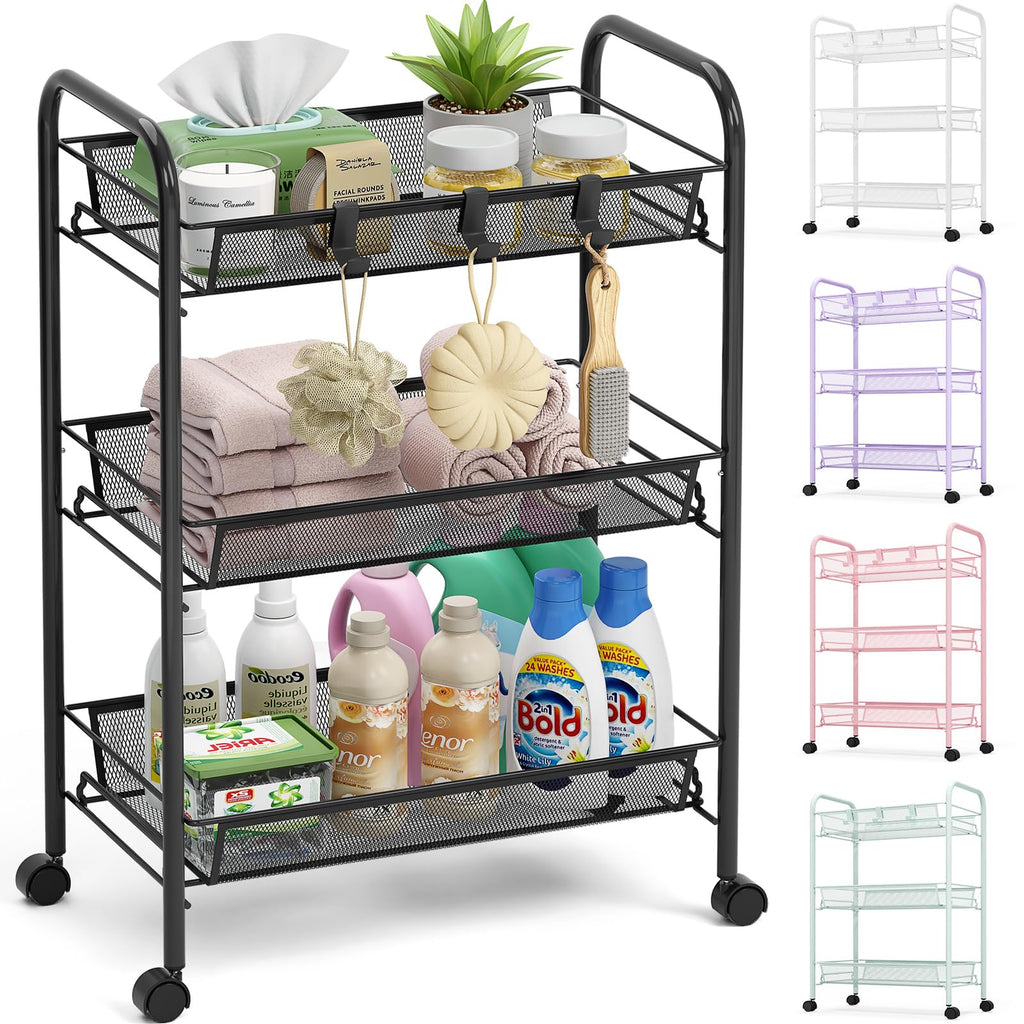 3 Tier Rolling Metal Storage Cart with Wheels, Black T17494
