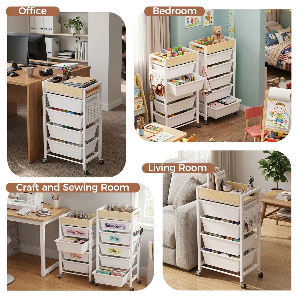 5 Tier Rolling Cart with Drawers, White Y3457