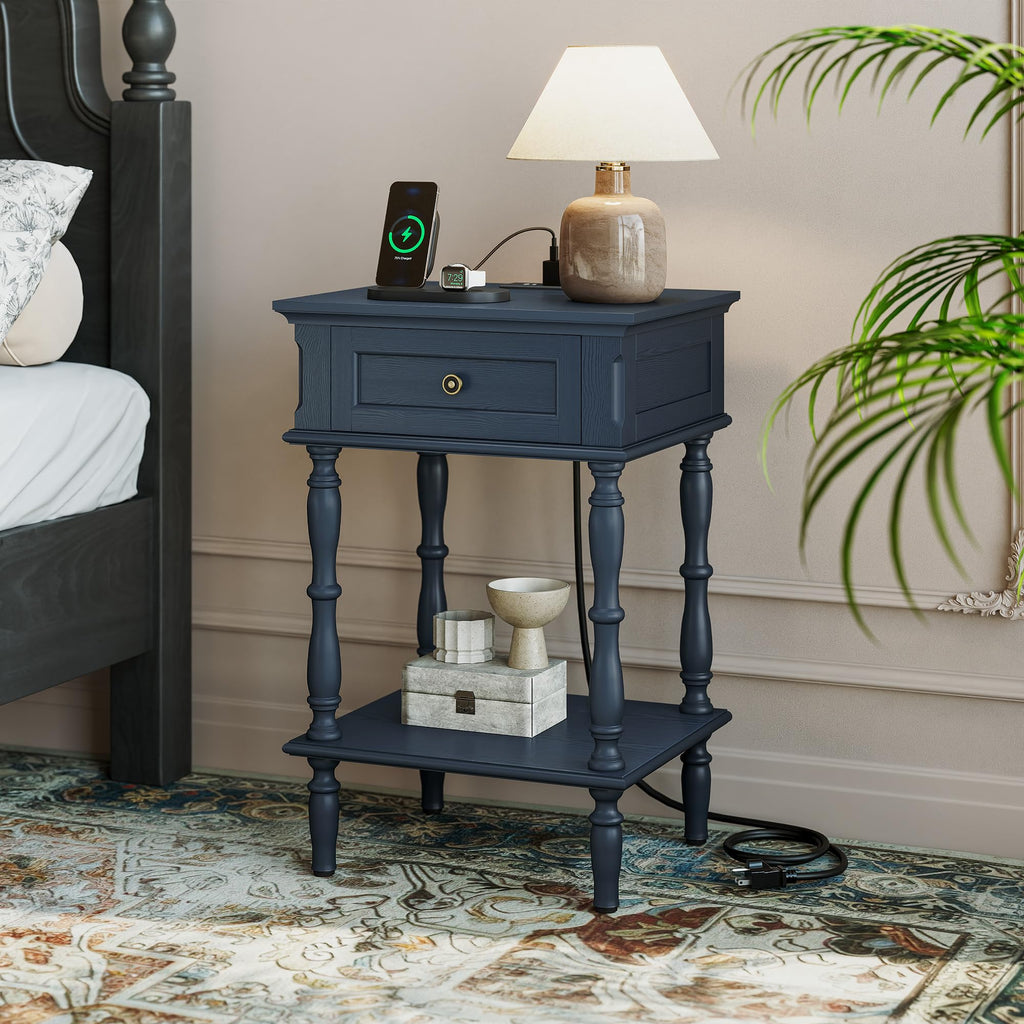 Blue Nightstands Set of 2 with Charging Station & Storage Shelf Q19259