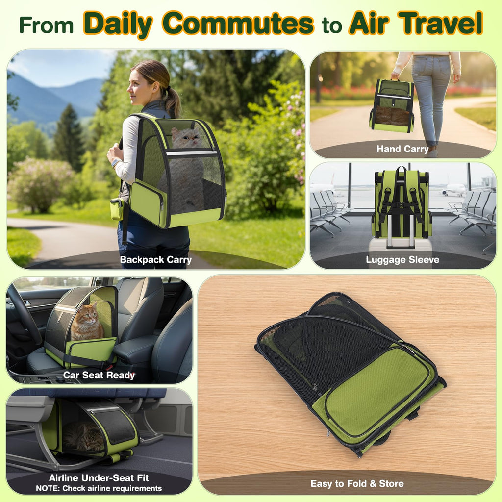 Green Expandable Breathable Mesh Cat Backpack Carrier C360
