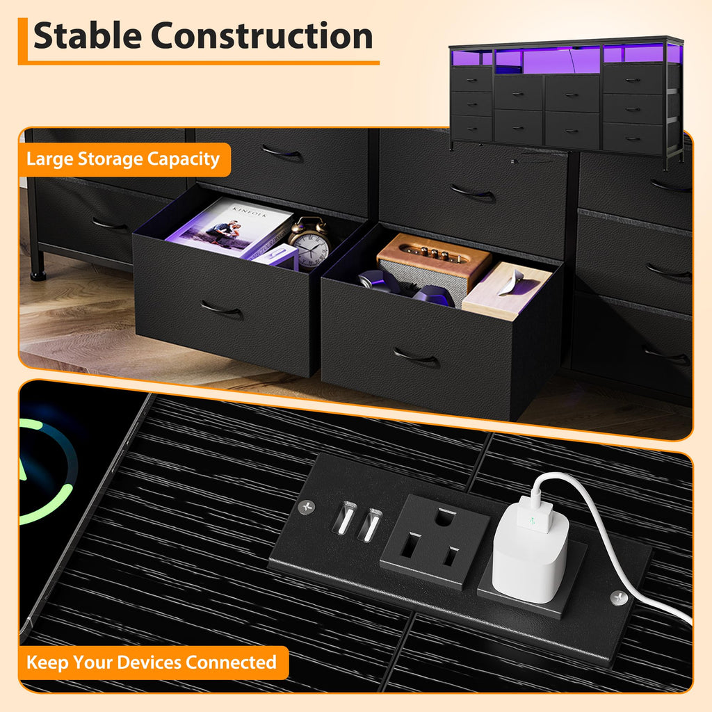 Black 10 Drawer Fabric Dresser with LED Lights & Charging Ports U5041